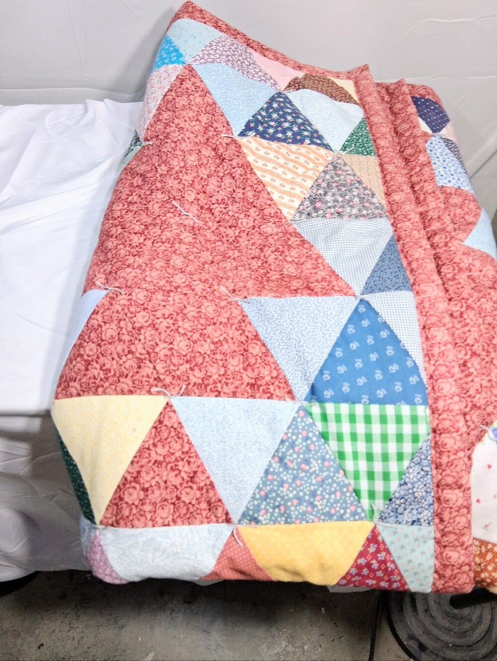 Vintage Crib 52" X 38" Hand-tied Triangle Patchwork Calico/Floral Scraps Quilt - Picture 9 of 11